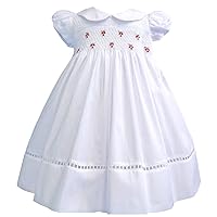 Girls Elegant White Christmas Smocked Dress with Fine Red Embroidery