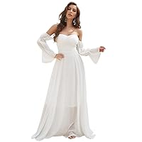Womens Fall Fashion 2022 Off Shoulder Flounce Sleeve Ruched Chiffon Maxi Dress (Color : White, Size : Small)