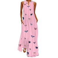 Flowy Dresses for Women, Women Vintage Daily Casual Sleeveless Cotton-Blend Printed Floral Summer Dress