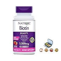 Beauty Biotin 5000mcg, Dietary Supplement for Healthy Hair, Skin, Nails and Energy Metabolism, 250 Strawberry-Flavored Fast Dissolve Tablets, with Pill Case (1)