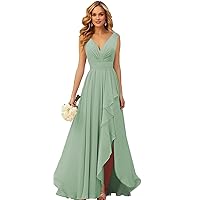 TORYEMY Chiffon Bridesmaid Dresses Long V Neck with Slit Ruffle Pleated Empire Waist Formal Dresses for Wedding
