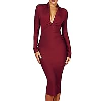 Whoinshop Women 's Draped Deep Plunged Long Sleeve Night Out Club Cocktail Party Dresses with Knee Length