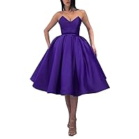 Women's V Neck Satin Short Homecoming Dresses Royal Blue Knee Length Ball Gown Party Dresses