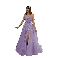 Women's Sparkly Tulle Prom Dress Off Shoulder Lace Applique Long Formal Evening Gowns 2024 with Pockets