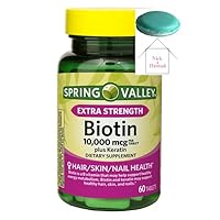 Spring Valley Extra Strength Biotin Plus Keratin Tablets Dietary Supplement, 10,000 mcg, 60 Count + 1 Mini Pill Container (Color Varies)