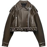 Bold and Beautiful Authentic Women's Short Belted & Urban Stylish Edge Genuine Leather Zip-Up Large Size Biker Jacket
