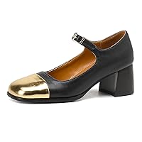 Womens Mary Janes Pumps Chunky Block Heels Closed Square Toe Adjustable Strap with Buckle Vintage Comfortable Shoes