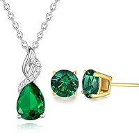FANCIME Mothers Day Gifts 14K White Gold Emerald Heart Necklace/Earrings for Mom Women Wife