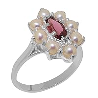 9k White Gold Ring with Natural Pink Tourmaline & Cultured Pearl Womens Statement Ring - Size