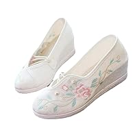 Women Floral Embroider Slip On Loafers Round Toe Ethnic Summer Dress Shoe Retro Casual Dance Pumps White 8