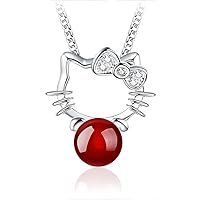 Cute Real 925 Sterling Silver Cat Pendant Necklace Agate Ball Pendant