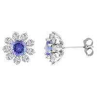 14k White Gold Diamond Halo Genuine Color Gemstone Halo Stud Earrings Round 6mm 7/16 inch wide