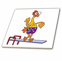 3dRose Cute Fun Rubber Chicken Diver in Polka Dot Swim Trunks on Diving Board - Tiles (ct_349497_3)
