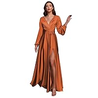V Neck Satin Bridesmaid Dresses with Sleeves Side Slit Formal Party Dress A Line Prom Dresses for Women