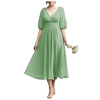 Chiffon Mother of The Bride Dress for Women Tea Length Half Sleeve Prom Formal Dress with Pocket MM02