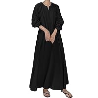 Linen Dress for Women Summer, Women's Cotton Lazy Style Loose Long Knee Length Ethnic Shirt Dresses, S XL