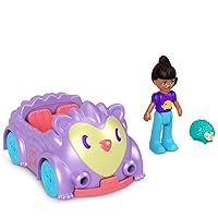 Polly Pocket Collectible Micro Mini Metal Vehicle, Poseable Doll and Pet Set - Crissy Doll with Hedgehog Purple Convertible Car and Teal Hedgehog Sidekick Playset