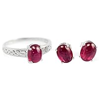 Natural Oval Cut Red Ruby Cabochon Gems July Birthstone 925 Sterling Silver Ring Earrings Jewelry Set For Women Christmas Gift