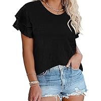Womens Plus Size Textured Tops Summer Ruffle Short Sleeve Casual T Shirts Crewneck Loose Fit Tee Blouse Shirts