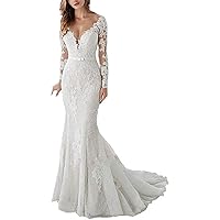 Women's V Neck Mermaid Wedding Dress Long Sleeves Tulle Bridal Gowns