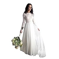 Tsbridal Beach Wedding Dress Long Sleeves Round Neck Lace Wedding Gowns