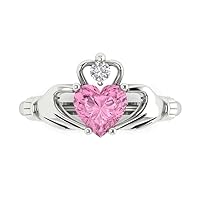 Clara Pucci 1.52ct Heart Cut Irish Celtic Claddagh Solitaire Pink Simulated Diamond designer Modern Statement Ring Solid 14k White Gold