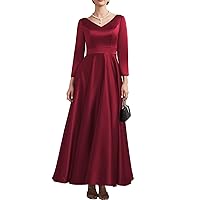 Women's Elegant Mother of The Bride Dresses 3/4 Sleeves Ankle Length for Wedding, A-line Satin Formal Evening Dresses