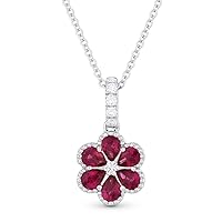 18K White Gold Pear Shape .09ct Ruby Flower Pendant Necklace