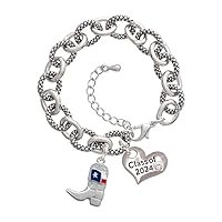 Silvertone Cowboy Boot with Texas Flag - Class of 2024 Heart Charm Link Bracelet, 7.25+1.25