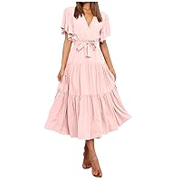 Club Dresses for Women, Women's Summer Casual Printed Short Sleeve Waist Long Dress Boho Dress