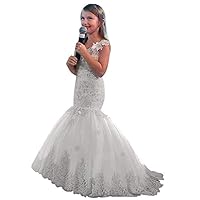 VeraQueen Wedding Girl's Cute Lace Mermaid Pageant Gowns V Neck Off Shoulder Flower Girl Dresses First Communion Dresses