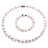 White Pearl Jewelry Set 10-12mm Round Cultured Freshwater Pearl Necklace and Bracelet,Sterling Silver Stud Earrings