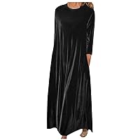 Women Velvet Maxi Dresses Plus Size 3/4 Sleeve Crewneck Casual Shirt Dress Fall Solid Pullover Loungewear Dress