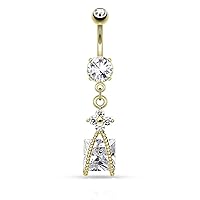(1 Piece) Gold Plated Roped Square CZ and Small CZ Flower Dangle Belly Ring 14g