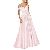 Ball Gown for Women Satin Dress Pink Prom Dresses Long Off Shoulder V-Neck A-Line