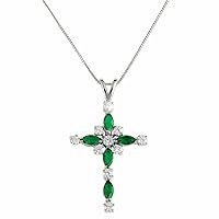 3Ct Marquise Green Emerald Cross Pendant 14k White Gold Plated 18'' Free Chain