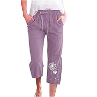 Ceboyel Women Linen Summer Pants Dandelion Pattern Capri Pants Drawstring Cropped Pants High Waist Beach Trouser 2023