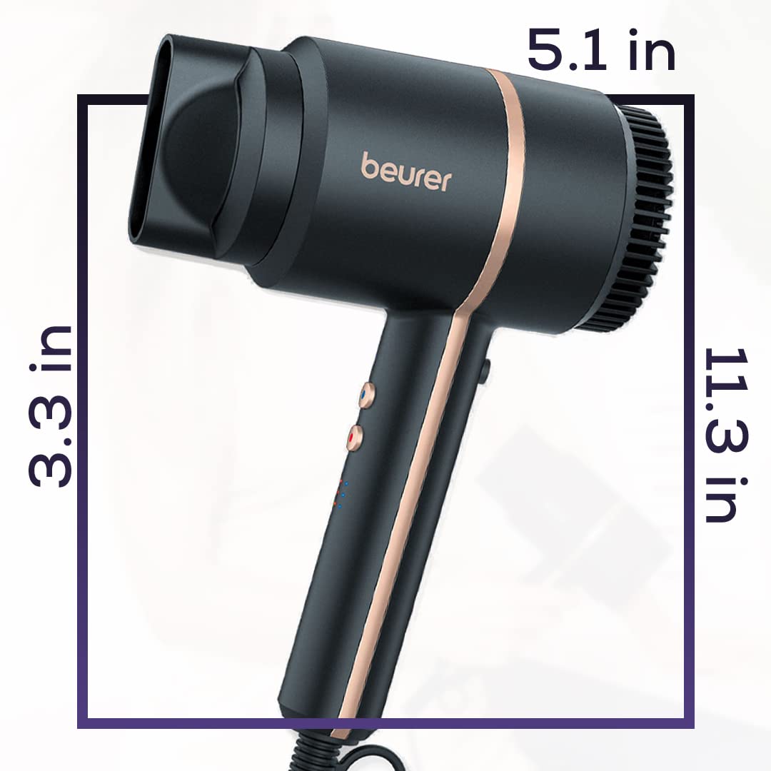 Beurer HC35 Compact Hair Dryer 1500-Watt Blow Dryer Ionic Technology Reduces Frizz Lightweight and Portable Travel Hair Dryer with 4 Temperature and 3-Speed Settings & Cold Air Function (Black)