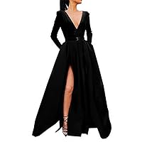 VeraQueen Women's V Neck Satin High Slit Long Sleeves Prom Evening Gown with Pockets