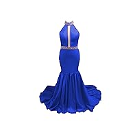High Neck Satin Mermaid Prom Evening Dress Formal Gowns Crystal Zipper Back Crystal Beaded 2024