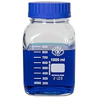 United Scientific™ SIMAX BSWM1000 GL80 Leakproof Media/Storage Bottles, Wide Mouth, Square, 3.3 Borosilicate Glass, 1000mL (1L), 1 Each