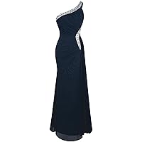 Angel-fashions Women's One Shoulder Ruching Beading Ribbon Soft Evening Gown