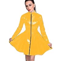 23 Colors Long Sleeve PVC Pleated Mini Dress Zipper Front Sexy Wetlook Clubwear (Yellow,XXL)