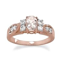 Rose Gold Plated Ss Ring Center 5mm X 7mm Oval Morganite Two 2.5mm White Topaz Either Side Jewelry for Women - Ring Size Options: 5 6 7 8 9