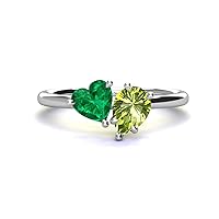 Heart Shape Lab Created Emerald & Pear Shape Peridot 2.25 ctw Four Prong Womens 2 Stone Duo Engagement Ring in 14K White Gold-6.0