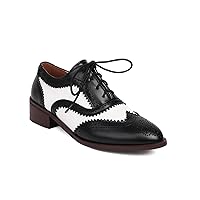 Women's Two Tone Brogues Oxfords Leather Perforated Wingtips Pointed Toe Low Heel Dress Derby Shoes
