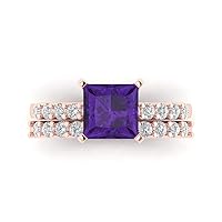 Clara Pucci 2.66ct Princess cut Custom Engraving Pave Natural Purple Amethyst Engagement Ring Band Wedding Bridal Set 14k Rose Gold 10