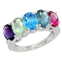Silver City Jewelry 10K White Gold Natural Multi-Colored Gemstone 5-Stone Mother's Ring Oval 7x5mm with Diamond Accents, Sizes 5-10