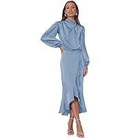 Womens Cocktail Fishtail Satin Dress Long Lantern Sleeves Evening Party Dress for Wedding Guest
