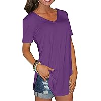 Andongnywell Women's Fashion Leisure Solid Color Lightweight Blouse V-Neck Short Sleeve T-Shirt